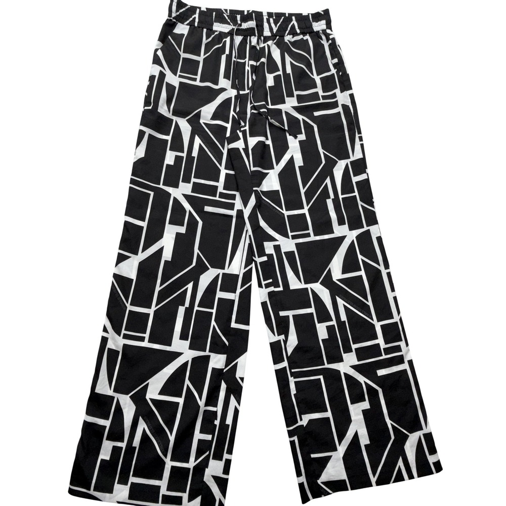 Karl Lagerfeld Paris Pants Womens M Black Geometric Satin Wide Leg Pull On Logo